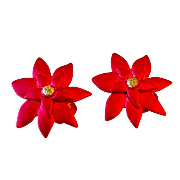 Vintage Red Matte Poinsettia Flower Clip-on Earrings - Picture 7 of 11